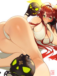 Rule 34 | 1girl, ass, ball and chain restraint, bikini, black gloves, breasts, broken halo, spiked halo, crossed bangs, gloves, green eyes, guilty gear, hair between eyes, halo, hand on own cheek, hand on own face, head rest, highres, jack-o&#039; valentine, large breasts, long hair, looking at viewer, lying, mask, unworn mask, on side, poch4n, red hair, solo, swimsuit, white background, white bikini