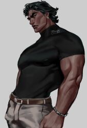 Rule 34 | 1boy, arm hair, bara, broad shoulders, dark-skinned male, dark skin, feet out of frame, frown, hair slicked back, highres, kimmy art, large pectorals, looking ahead, male focus, marvel, mature male, miguel o&#039;hara, muscular, muscular male, pectorals, shirt, short hair, sideburns, solo, spider-man: across the spider-verse, spider-man (series), spider-verse, thick eyebrows, thick lips, tight clothes, tight shirt