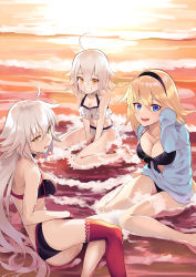 Rule 34 | 3girls, :d, ahoge, alternate costume, ass, beach, bikini, bikini top only, black bikini, blonde hair, blue eyes, blue hoodie, breasts, cleavage, commentary request, fate/grand order, fate (series), frilled bikini, frilled bikini top, frills, front-tie bikini top, front-tie top, grin, hairband, highres, hood, hood down, hoodie, jeanne d&#039;arc alter (swimsuit berserker) (fate), jeanne d&#039;arc (fate), jeanne d&#039;arc (ruler) (fate), jeanne d&#039;arc (swimsuit archer) (fate), jeanne d&#039;arc (swimsuit archer) (first ascension) (fate), jeanne d&#039;arc alter (fate), jeanne d&#039;arc alter (swimsuit berserker) (fate), jeanne d&#039;arc alter santa lily (fate), large breasts, long hair, looking at viewer, looking back, lying, multiple girls, ocean, on side, open clothes, open hoodie, open mouth, red legwear, silver hair, single thighhigh, sitting, small breasts, smile, soupchan, sunset, swimsuit, thigh strap, thighhighs, wariza, white bikini, yellow eyes