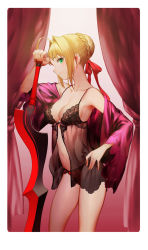 Rule 34 | 10s, 1girl, aestus estus, ahoge, armpits, babydoll, bare shoulders, black babydoll, blonde hair, braid, breasts, cleavage, closed mouth, contrapposto, cowboy shot, curtains, fate/extra, fate (series), from side, gradient background, green eyes, hair bun, hair ribbon, hand on own hip, lingerie, looking at viewer, medium breasts, nero claudius (fate), nero claudius (fate) (all), nero claudius (fate/extra), off shoulder, panties, pink background, profile, red panties, red ribbon, ribbon, salmon88, see-through, short hair, sidelocks, single hair bun, smile, solo, standing, sword, thighs, underwear, underwear only, weapon
