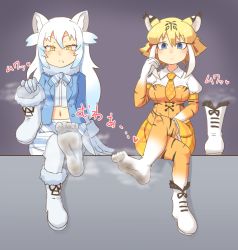 Rule 34 | 10s, 2girls, animal ears, arctic wolf (kemono friends), bitashinmi, blonde hair, blue eyes, boots, crossed legs, fang, feet, highres, holding, holding shoes, kemono friends, long hair, looking at viewer, multiple girls, sabre tiger (kemono friends), shoes, unworn shoes, sitting, smell, soles, steam, white hair, yellow eyes