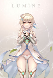 Rule 34 | 1girl, bare shoulders, blonde hair, bow, bow panties, center opening, character name, dress, feathers, flower, gauntlets, genshin impact, gluteal fold, gradient background, hair flower, hair ornament, highres, kie (wylee2212), lily (flower), long hair, looking at viewer, lumine (genshin impact), navel, orange eyes, own hands together, panties, revealing clothes, sleeveless, sleeveless dress, smile, solo, standing, stomach, thighhighs, thighs, underwear, white background, white dress, white panties, white thighhighs