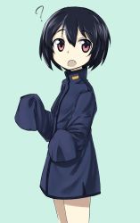 Rule 34 | 1girl, ?, aged down, black hair, blue jacket, brave witches, commentary, cowboy shot, english commentary, fang, fankupl, from side, green background, highres, jacket, looking at viewer, military, military uniform, open mouth, oversized clothes, red eyes, shimohara sadako, short hair, simple background, sleeves past wrists, solo, standing, uniform, world witches series
