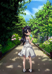 Rule 34 | 10s, 1girl, bare legs, black hair, brown eyes, cloud, dappled sunlight, day, dress, errant, food, from behind, full body, hair bobbles, hair ornament, kitashirakawa anko, long hair, looking at viewer, looking back, one side up, outdoors, popsicle, shoes, side ponytail, solo, standing, sundress, sunlight, tamako market, tree, tree shade, white dress