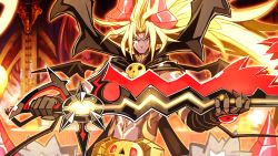 Rule 34 | 1boy, absurdres, blonde hair, game cg, highres, horns, makai shin trillion, male focus, nanameda kei, official art, red eyes, sword, tail, weapon, wings, zeabolos