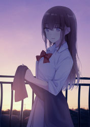 Rule 34 | 1girl, backlighting, blue skirt, blunt bangs, bow, bowtie, brown eyes, brown hair, clothes around waist, commentary request, fence, gradient sky, long hair, looking at viewer, nagidango, orange sky, original, outdoors, parted lips, power lines, purple sky, red bow, red bowtie, school uniform, shirt, skirt, sky, sleeves rolled up, solo, sunset, sweater, sweater around waist, utility pole, white shirt