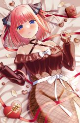 Rule 34 | 1girl, absurdres, bare shoulders, bed, blue eyes, blush, breasts, candy, chocolate, chocolate heart, cleavage, collarbone, colored skin, dress, food, go-toubun no hanayome, hair ornament, hair ribbon, heart, highres, kurosaki coco, large breasts, long hair, looking at viewer, lying, nakano nino, parted lips, pink hair, ribbon, white skin