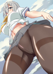 Rule 34 | 10s, 1girl, blue eyes, blush, breasts, cameltoe, covered erect nipples, female focus, from below, hair ornament, hair over one eye, hairclip, hamakaze (kancolle), kantai collection, large breasts, midriff, miniskirt, mushin, navel, no bra, no panties, outdoors, pantyhose, perky breasts, see-through, shiny skin, shirt, short hair, silver hair, skirt, sky, solo, standing, thick thighs, thighband pantyhose, thighs, upskirt