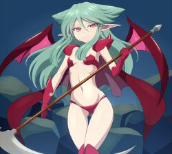 Rule 34 | 1girl, blue background, breasts, clam curry, demon girl, gloves, gluteal fold, green hair, hair between eyes, highres, holding, holding scythe, long hair, looking at viewer, navel, panties, pointy ears, red eyes, red gloves, red panties, riviera, scythe, small breasts, solo, standing, underwear, vampire, wings