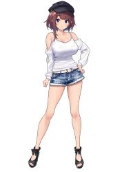 Rule 34 | 1girl, absurdres, baffu, bare legs, bare shoulders, blue eyes, bow, breasts, brown hair, casual, cleavage, closed mouth, cutoffs, denim, denim shorts, full body, hand on own hip, hat, high heels, highres, hitoyo (baffu), large breasts, looking at viewer, nail polish, original, short hair, short hair with long locks, short shorts, shorts, sidelocks, simple background, smile, solo, toeless footwear, toenail polish, toenails, toes, white background