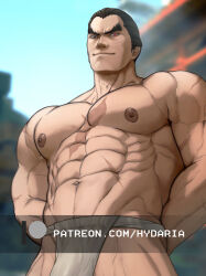 Rule 34 | 1boy, abs, arms behind back, bara, black hair, bulge, buzz cut, cowboy shot, from below, hydaria, large pectorals, looking at viewer, male focus, mishima kazuya, muscular, muscular male, navel, nipples, paid reward available, pectorals, red eyes, scar, scar on chest, short hair, shredded muscles, sideburns, smile, solo, stomach, tekken, thick eyebrows, topless male, very short hair, watermark