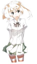 Rule 34 | 10s, 1girl, :d, arms behind back, brown hair, green eyes, hair bobbles, hair ornament, ibarazaki emi, juliet sleeves, katawa shoujo, long sleeves, open mouth, puffy sleeves, school uniform, simple background, sketch, skirt, smile, solo, striped clothes, striped thighhighs, thighhighs, twintails, weee (raemz), white background