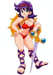 Rule 34 | 1girl, athena (series), bikini, breasts, cleavage, feet, hand on own hip, highres, large breasts, legs, long hair, navel, open mouth, princess athena, purple hair, red bikini, sandals, shield, snk, solo, swimsuit, sword, thick thighs, thighs, weapon