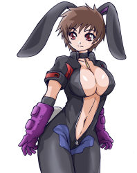 Rule 34 | 00s, 1girl, animal ears, bad id, bad pixiv id, breasts, brown hair, center opening, choker, cleavage, female focus, getsumento heiki miina, gloves, large breasts, navel, okuri ookami, ootsuki mina, open clothes, rabbit ears, red eyes, short hair, simple background, smile, solo, white background