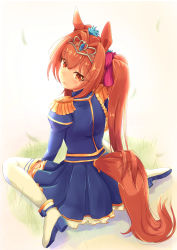 Rule 34 | 1girl, animal ears, autumn leaves (tail fox), blue skirt, blush, boots, bow, brown hair, daiwa scarlet (umamusume), fang, grass, hair bow, hair intakes, highres, horse ears, horse girl, horse tail, long hair, looking at viewer, looking back, open mouth, red eyes, simple background, sitting, skirt, solo, tail, thighhighs, tiara, twintails, umamusume, very long hair, white footwear, white thighhighs