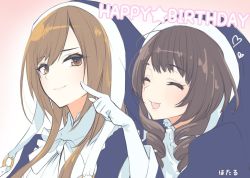Rule 34 | 2girls, :d, artist name, assault lily, behind another, bow, bowtie, brown eyes, brown hair, cheek poking, closed eyes, closed mouth, commentary request, drill hair, elbow gloves, frills, gloves, gradient background, habit, hand up, happy birthday, heart, hotaru (ultraroly poly), izumi rosa rina, juliet sleeves, kosaka anastasia ryouko, light blush, long hair, long sleeves, looking at viewer, multiple girls, nun, open mouth, pink background, poking, portrait, puffy sleeves, sidelocks, smile, star (symbol), twin drills, veil, white background, white bow, white bowtie, wide sleeves