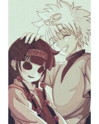 Rule 34 | 1boy, 1other, affectionate, blunt bangs, child, emoticon, enoki (gongindon), hair ornament, hairband, happy, headpat, hollow eyes, hunter x hunter, japanese clothes, killua zoldyck, long sleeves, male focus, nanika (hunter x hunter), short hair, siblings, simple background, smile, smiley face, spiked hair, white hair