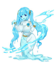 Rule 34 | 1girl, blue eyes, blue hair, blue skin, breasts, colored skin, dripping, fox shadow puppet, gold trim, hand gesture, highres, large breasts, looking at viewer, matching hair/eyes, meesuke, monster girl, open mouth, original, slime (substance), slime girl, solo, transparent, twintails