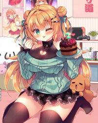Rule 34 | 1girl, ;p, ahoge, animal, aran sweater, bare shoulders, black bow, black shirt, black skirt, black thighhighs, blue sweater, blush, bow, breasts, cable knit, cake, cleavage, cleavage cutout, clothing cutout, commentary request, controller, dog, double bun, food, fork, game controller, green eyes, green ribbon, hair bun, hair intakes, hair ornament, hair ribbon, hairclip, handheld game console, heart cutout, highres, holding, holding fork, holding plate, indoors, large breasts, long hair, long sleeves, no shoes, off-shoulder sweater, off shoulder, one eye closed, orange hair, original, plaid, plaid skirt, plate, pleated skirt, puffy long sleeves, puffy sleeves, ribbon, shirt, sitting, skirt, sleeveless, sleeveless shirt, sleeves past wrists, solo, suzunone rena, sweater, thighhighs, thighs, tongue, tongue out, two side up, very long hair, virtual youtuber, wariza