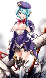 Rule 34 | 1girl, aqua hair, bad id, bad pixiv id, beret, blue eyes, boots, breasts, hair over one eye, hat, highres, looking at viewer, nipples, open mouth, panties, phantasy star, phantasy star online 2, pointy ears, rubble, short hair, skirt, solo, summoner (pso2), thigh boots, thighhighs, torn clothes, underwear, wand, white panties, yoshimo