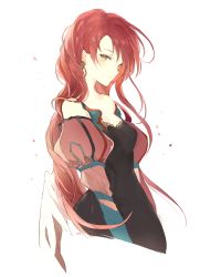 Rule 34 | 1girl, bare shoulders, black dress, closed mouth, detached sleeves, dress, from side, juliet sleeves, long hair, long sleeves, lpip, orange eyes, original, puffy sleeves, red hair, simple background, solo, white background