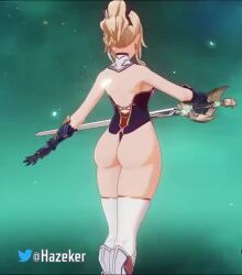 Rule 34 | 1girl, 3d, alternate costume, animated, ass, bare shoulders, blonde hair, capelet, earrings, game, genshin impact, gloves, hazeker, highleg, highleg leotard, holding, holding weapon, jean (genshin impact), jewelry, leotard, lowres, mihoyo, multiple views, ponytail, sword, thick thighs, thighhighs, thighs, turnaround, video, weapon, wide hips