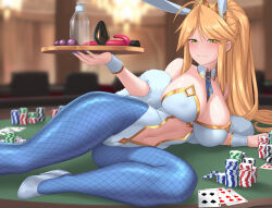 Rule 34 | 1girl, absurdres, ahoge, animal ears, artoria pendragon (all), artoria pendragon (fate), artoria pendragon (swimsuit ruler) (fate), bare shoulders, blonde hair, blue pantyhose, blush, braid, breasts, card, cleavage, clothing cutout, detached collar, fate/grand order, fate (series), feather boa, fishnet pantyhose, fishnets, french braid, gold trim, green eyes, hair between eyes, high heels, highleg, highleg leotard, highres, large breasts, leotard, long hair, looking at viewer, navel, navel cutout, necktie, pantyhose, playboy bunny, playing card, poker chip, poker table, ponytail, rabbit ears, sex toy, sidelocks, solo, table, thighs, tiara, toniwing, tray, white leotard, wrist cuffs