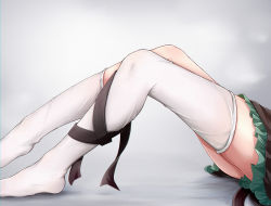 Rule 34 | 1girl, absurdres, asymmetrical legwear, black dress, black ribbon, cat tail, commentary request, dress, feng ling (fenglingwulukong), foot out of frame, frilled dress, frills, grey background, highres, kaenbyou rin, leg ribbon, leg strap, legs, lower body, lying, multiple tails, nekomata, no shoes, on back, ribbon, tail, thighhighs, thighs, touhou, white thighhighs