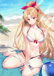 Rule 34 | 1girl, alan (hfmr2278), ball, bare shoulders, beach, beachball, bikini, blonde hair, blush, bow, breasts, bridal garter, cleavage, closed mouth, collarbone, earrings, ereshkigal (fate), fate/grand order, fate (series), hair bow, highres, jewelry, large breasts, light rays, long hair, looking at viewer, ocean, parted bangs, pink bow, ponytail, red eyes, sitting, sunlight, swimsuit, thighs, wariza, white bikini