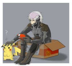Rule 34 | 1boy, ?, bad id, bad pixiv id, black eyes, box, cardboard box, creatures (company), crossover, cyborg, for adoption, game freak, gen 1 pokemon, grey hair, hand on another&#039;s head, holding, in container, male focus, metal gear (series), metal gear solid 4: guns of the patriots, nagi sakura, nintendo, pikachu, pokedex, pokemon, pokemon (creature), raiden (metal gear), sitting, tail