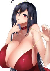 Rule 34 | 1girl, absurdres, ahoge, azur lane, bare shoulders, black hair, blush, breasts, choker, cleavage, cocktail dress, collarbone, dress, dress tug, finger to mouth, hair between eyes, hair ornament, highres, huge breasts, long hair, looking at viewer, open mouth, red choker, red dress, red eyes, rinrin kai, simple background, smile, solo, taihou (azur lane), taihou (forbidden feast) (azur lane), very long hair, white background