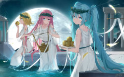 Rule 34 | 3girls, ancient greek clothes, apoptygma, apple, aqua eyes, aqua hair, arm at side, arm support, arm tattoo, asahi kuroi, blue eyes, blue hair, breasts, building, chiton, collarbone, commentary, dress, eating, english commentary, feathers, flipped hair, food, fruit, full moon, golden apple, grass, greco-roman clothes, greek mythology, hand up, hatsune miku, head wreath, highres, holding, holding food, holding fruit, holding instrument, holding plate, instrument, kagamine rin, large breasts, laurel crown, light particles, long hair, long sleeves, looking at viewer, looking back, megurine luka, moon, motion blur, multiple girls, night, night sky, open mouth, outstretched arm, peplos, pillar, pink hair, plate, pond, profile, puffy long sleeves, puffy sleeves, ribbon, sash, short hair, sidelocks, sitting, sky, sleeveless, smile, standing, star (sky), straight hair, tattoo, twintails, very long hair, vocaloid, wading, water, white dress, white ribbon