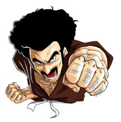 Rule 34 | 1boy, afro, black hair, blue eyes, clenched hands, dougi, dragon ball, dragonball z, eyebrows, facial hair, fighting stance, male focus, mr. satan, mustache, punching, solo, thick eyebrows, water blue
