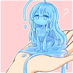 Rule 34 | 1girl, ?, ahoge, blue eyes, blue hair, blue sclera, blue skin, breasts, closed mouth, colored sclera, colored skin, curss, huge ahoge, in palm, kneeling, long hair, monster girl, navel, nude, original, slime girl, small breasts, solo focus, very long hair