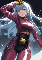 Rule 34 | 1girl, blue hair, blunt bangs, bodysuit, breasts, cropped jacket, gloves, highres, ice, jacket, kula diamond, leather, leather jacket, long hair, medium breasts, nice hajime, parted lips, red eyes, solo, the king of fighters, very long hair, yellow gloves, zipper
