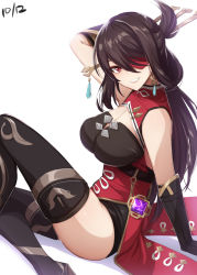 Rule 34 | 1girl, beidou (genshin impact), black gloves, black hair, boots, breasts, dress, earrings, eyepatch, genshin impact, gloves, hair ornament, hair over one eye, hair stick, hairpin, high heel boots, high heels, highres, jewelry, large breasts, long hair, looking at viewer, pelvic curtain, red eyes, sitting, smile, solo, thigh boots, thighhighs, white background, yu-ta
