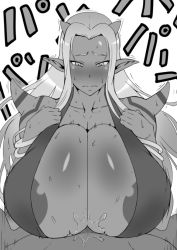 Rule 34 | areola slip, blush, breasts, dragon quest, dragon quest x, gigantic breasts, horns, long hair, monochrome, monster girl, nuezou, ogre (dq10), paizuri, shiny skin, sweat