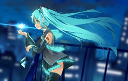 Rule 34 | 1girl, aqua eyes, aqua hair, baisi shaonian, bare shoulders, black thighhighs, bug, butterfly, cellphone, detached sleeves, from side, glowing, haraguroi you, hatsune miku, headphones, insect, long hair, long sleeves, necktie, phone, railing, skirt, solo, thighhighs, twintails, very long hair, vocaloid
