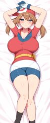 Rule 34 | 1girl, aikome (haikome), arms up, bandana, bed sheet, belt, belt pouch, bike shorts, bike shorts under shorts, black socks, blue eyes, blue gloves, blue shorts, blush, breasts, brown hair, cameltoe, cleavage, cleft of venus, closed mouth, commentary, covered erect nipples, creatures (company), dakimakura (medium), double-parted bangs, feet out of frame, from above, game freak, gloves, hair between eyes, highres, large breasts, looking at viewer, lying, may (pokemon), medium hair, microskirt, miniskirt, nintendo, on back, poke ball print, pokemon, pokemon rse, pouch, red bandana, red shirt, shirt, short sleeves, shorts, skirt, smile, socks, solo, taut clothes, two-tone gloves, white gloves, white skirt, yellow belt