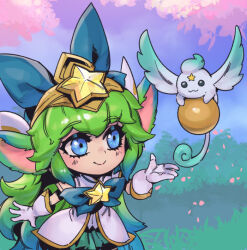 Rule 34 | 1girl, :3, animal ears, blue eyes, blush, bow, bowtie, bush, commentary, day, dress, gloves, grass, green bow, green bowtie, green skirt, hair bow, large bow, league of legends, long hair, looking at animal, lulu (league of legends), miniskirt, multicolored hair, official alternate costume, outdoors, phantom ix row, skirt, smile, star (symbol), star guardian (league of legends), star guardian lulu, symbol-only commentary, tree, two-tone hair, white dress, white gloves, yordle
