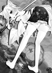 Rule 34 | 1girl, animal ears, bad id, bad pixiv id, detached sleeves, greyscale, hat, inubashiri momiji, looking at viewer, looking back, monochrome, monochrome, short hair, skirt, solo, suzume miku, sword, tail, thighhighs, tokin hat, touhou, weapon, wolf ears, wolf tail