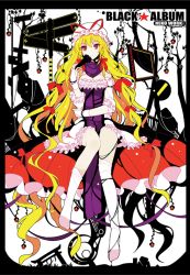 Rule 34 | 1girl, bad id, bad pixiv id, blonde hair, breasts, comic, cover, cover page, dress, female focus, hand fan, hat, ideolo, long hair, pink thighhighs, purple dress, red eyes, solo, thighhighs, touhou, white background, yakumo yukari