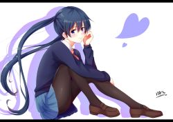 Rule 34 | 1girl, black pantyhose, blue eyes, blue hair, blue skirt, blue sweater, blush, bow, bowtie, brown footwear, closed mouth, floating hair, from side, full body, hair between eyes, heart, highres, hinata tino, kin-iro mosaic, komichi aya, loafers, long hair, long sleeves, looking at viewer, miniskirt, pantyhose, pink neckwear, pleated skirt, shoes, signature, simple background, sitting, skirt, smile, solo, striped bow, striped bowtie, striped clothes, striped neckwear, sweater, very long hair, white background