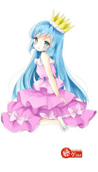 Rule 34 | 1girl, :d, bad id, bad pixiv id, bare arms, bare shoulders, blue hair, blush, bow, crown, dress, from side, full body, green eyes, high heels, layered dress, long hair, looking at viewer, looking to the side, open mouth, pink bow, pink dress, purple dress, shoes, simple background, sitting, sleeveless, sleeveless dress, smile, solo, tsukiyo (skymint), watermark, web address, white background, white footwear