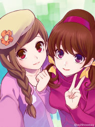 Rule 34 | 10s, 2girls, bad id, bad pixiv id, bow, braid, breasts, brown hair, closed mouth, eyelashes, flat chest, flower, from above, hair bow, hair ornament, hair over shoulder, hairband, hairclip, hat, hat flower, jacket, lipstick, long hair, long sleeves, looking at viewer, low twintails, makeup, multiple girls, name connection, osomatsu-kun, osomatsu-san, osomatsu (series), pink lips, purple eyes, red eyes, short twintails, smile, swept bangs, taking picture, todoko (osomatsu-san), touyama maki, turtleneck, twintails, twitter username, v, yellow bow, yowai totoko