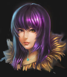 Rule 34 | 1girl, bad id, bad pixiv id, black background, closed mouth, commentary request, expressionless, fur collar, hair between eyes, heterochromia, highres, jewelry, lips, long hair, looking at viewer, necklace, nose, original, portrait, purple eyes, purple hair, simple background, solo, yellow eyes, zhen guodong
