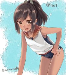 Rule 34 | 10s, 1girl, bent over, brown hair, i-401 (kancolle), kantai collection, maruki (punchiki), ponytail, sailor collar, school swimsuit, school uniform, solo, swimsuit, swimsuit under clothes, tan