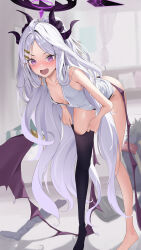 Rule 34 | 1girl, absurdres, ahoge, barefoot, blue archive, blush, breasts, demon horns, demon wings, fang, hair ornament, hairclip, halo, highres, hina (blue archive), horns, legs, long hair, looking at viewer, multiple horns, no shoes, panties, parted bangs, purple eyes, putting on legwear, renge (730), shirt, sleeveless, sleeveless shirt, small breasts, solo, surprised, sweat, thighhighs, underwear, very long hair, white hair, wings