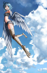 Rule 34 | 10s, 1girl, absurdres, ahoge, asahida, bad id, bad pixiv id, blue hair, blue wings, breasts, cloud, cloudy sky, day, feathered wings, flying, harpy, highres, monster girl, monster musume no iru nichijou, open mouth, papi (monster musume), short hair, sky, small breasts, smile, solo, winged arms, wings, yellow eyes