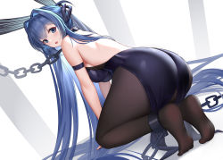 Rule 34 | 1girl, absurdly long hair, animal ears, ass, azur lane, bare back, bare shoulders, black leotard, black pantyhose, blue eyes, blue hair, breasts, chain, chained, fake animal ears, feet, from behind, hair intakes, headgear, highres, hong bai, large breasts, legs, leotard, long hair, looking at viewer, looking back, new jersey (azur lane), new jersey (exhilarating steps!) (azur lane), official alternate costume, pantyhose, playboy bunny, rabbit ears, simple background, soles, solo, thighs, very long hair
